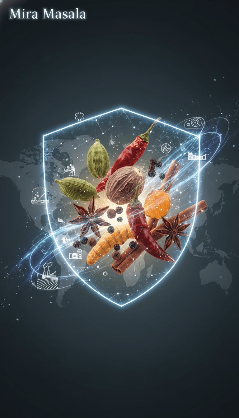 A vibrant flat lay of various Indian spices in bowls, showcasing their rich colors and textures, with a focus on quality and purity.