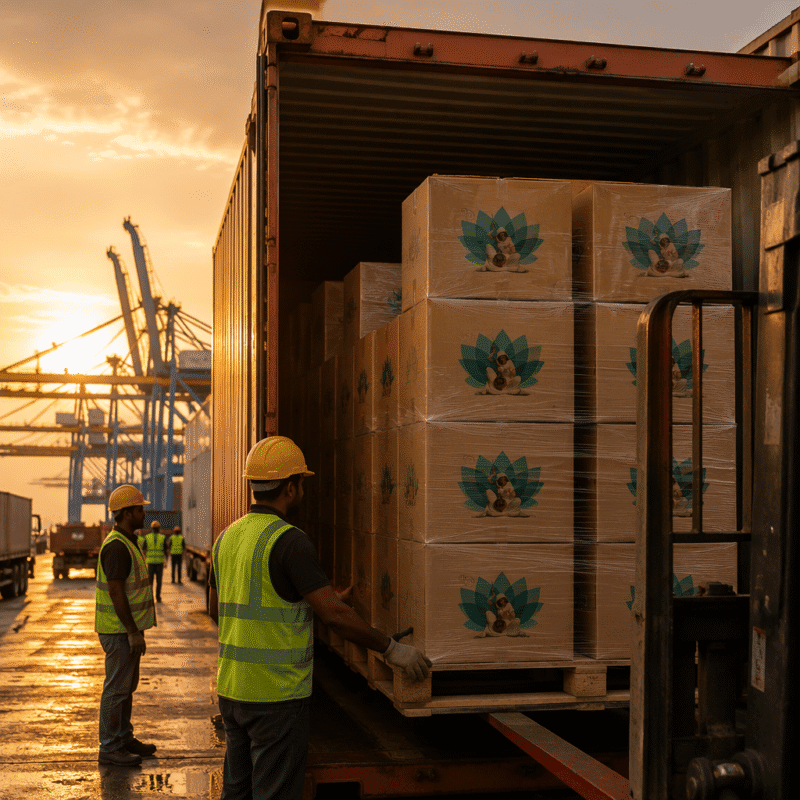 Export cartons of black pepper being loaded into a shipping container at an Indian port