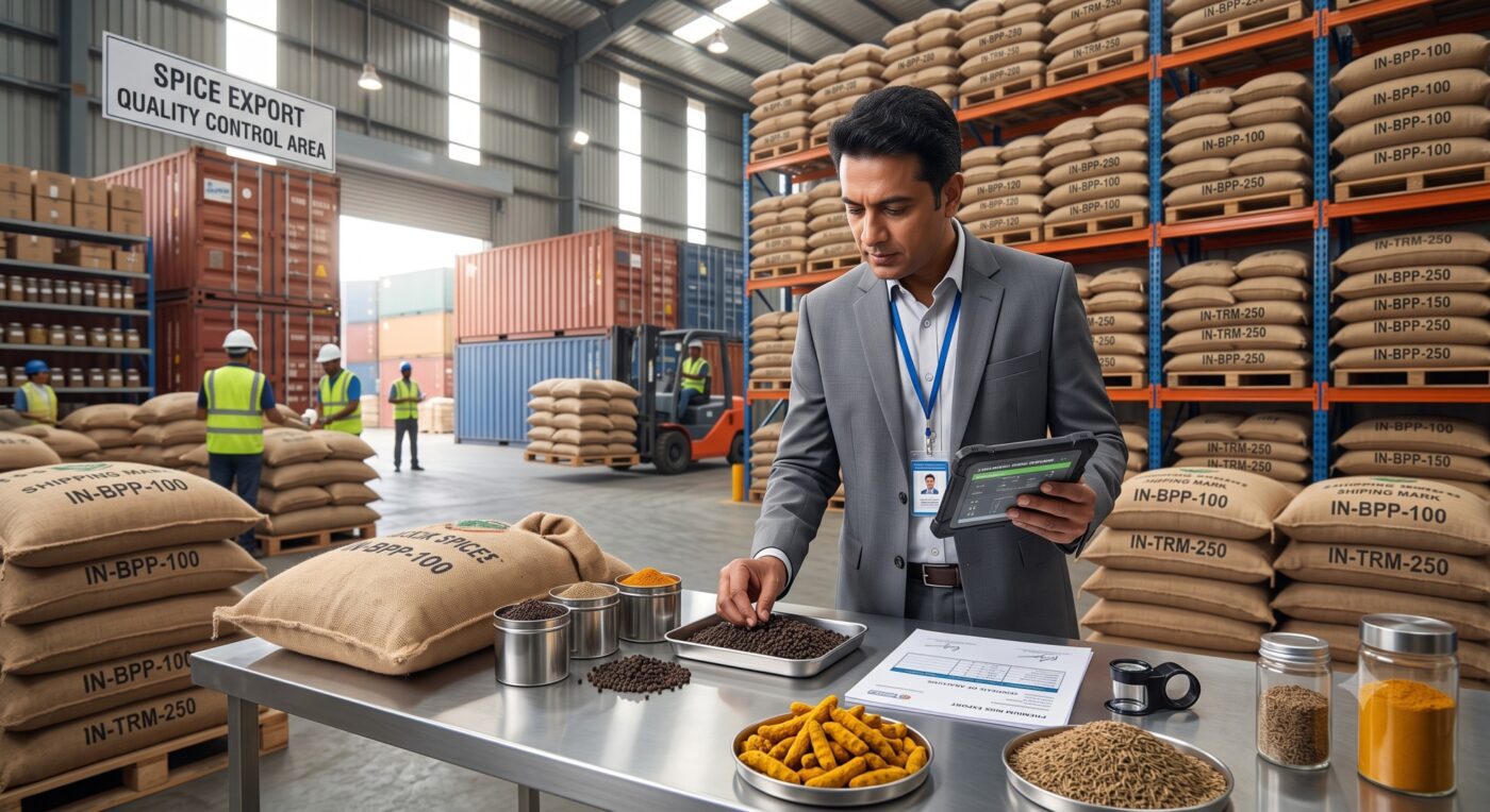 Quality inspection of export spices before shipment.