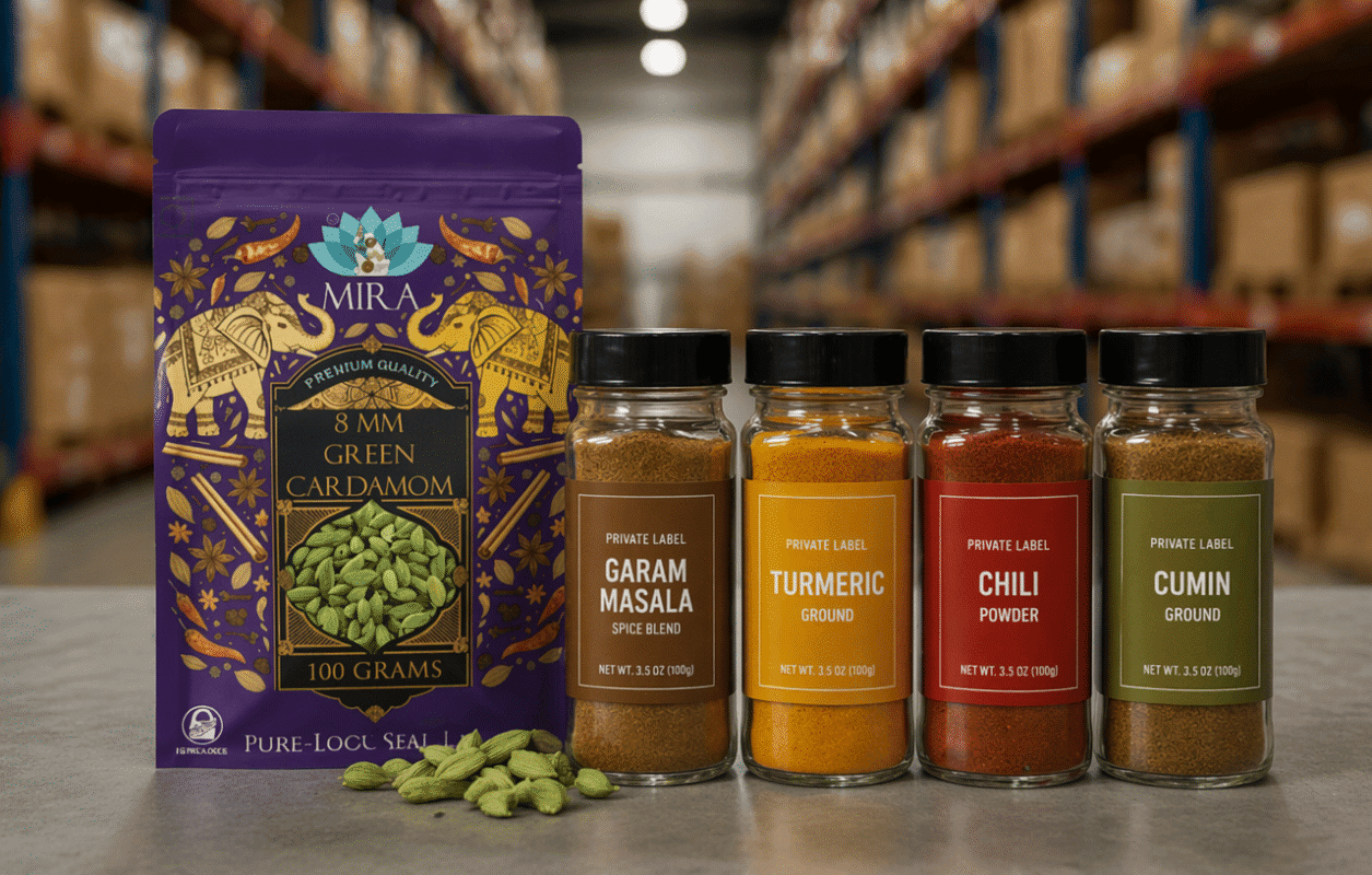 Vacuum and nitrogen-flush packing and private-label jars for exported Indian green cardamom.
