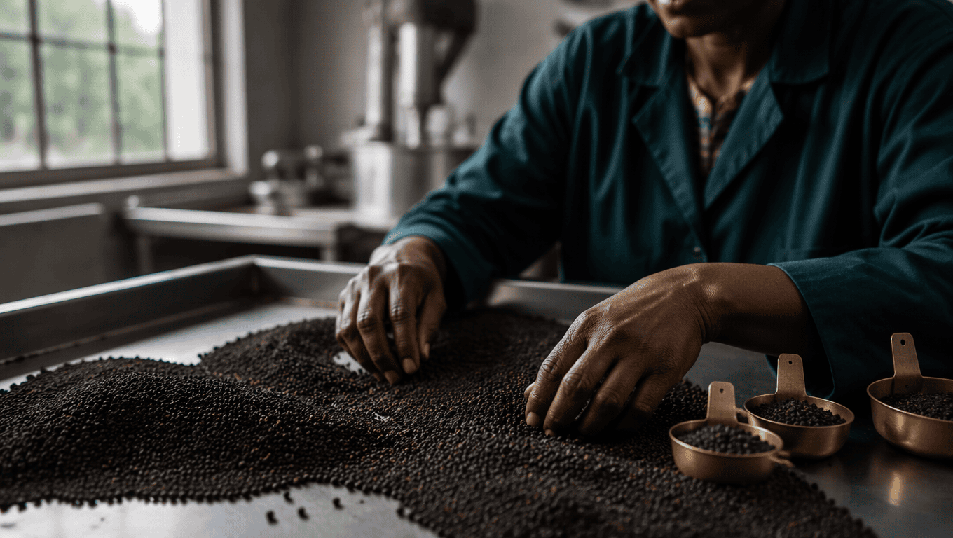 black-pepper-bulk-density-grading-india-export Export grade black peppercorns being graded by bulk density at an Indian spice facility