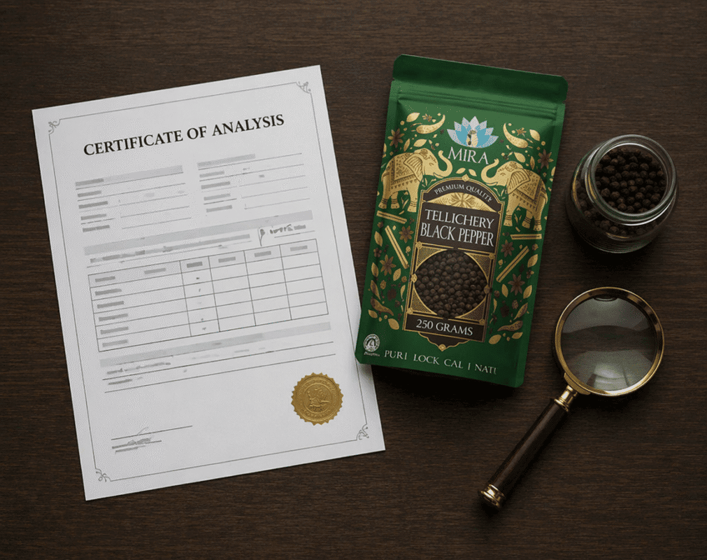black-pepper-certificate-of-analysis-documentation A Certificate of Analysis document next to a small sample bag of black peppercorns