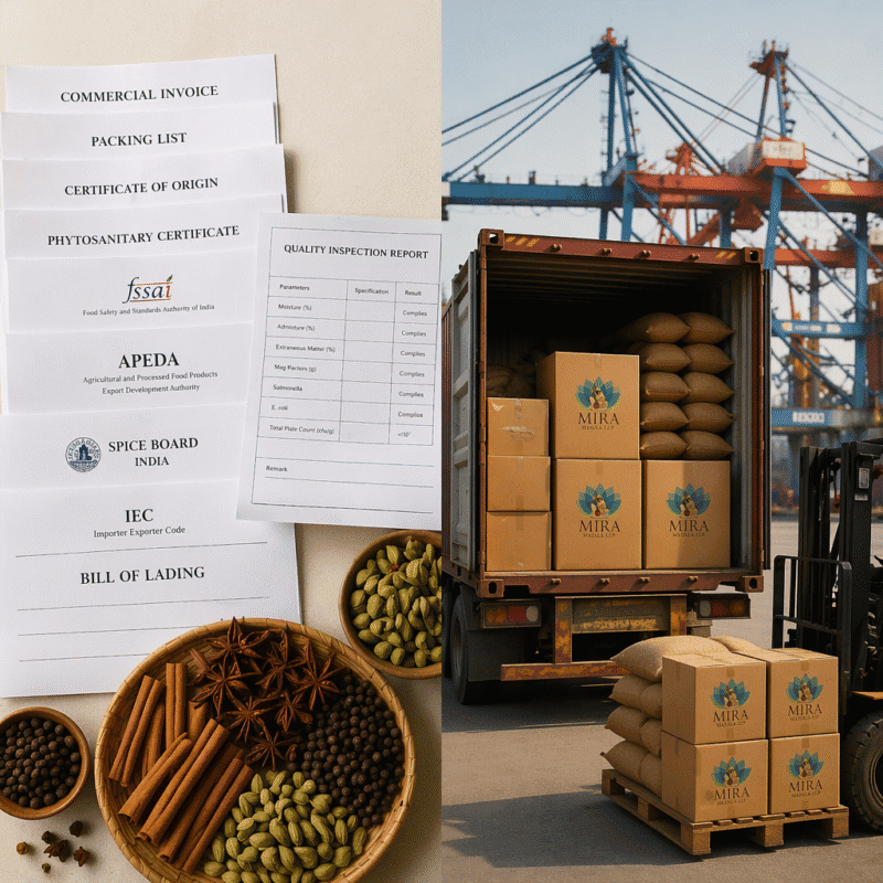Indian Spice Export Documentation and Shipping Container Loading | Mira Masala LLP Editorial-style split image showing Indian spice export documents, quality certifications, and a shipping container loaded with premium spices at an international seaport, representing global spice exports by Mira Masala LLP.