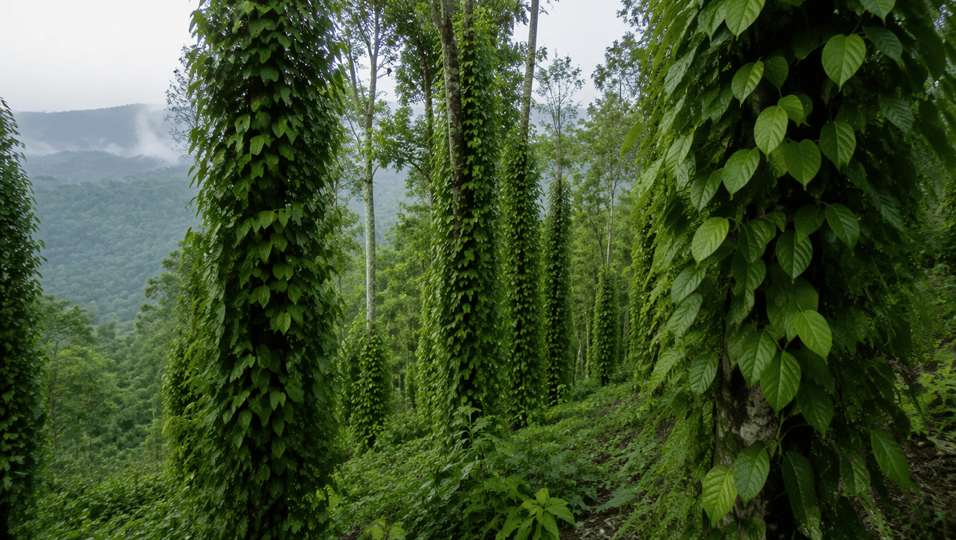 Black pepper vines climbing support trees on a growing estate in Kerala, India