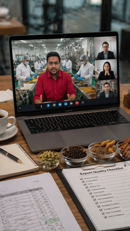 Virtual Factory Tour for Indian Spice Supplier Verification | Mira Masala LLP A realistic video call screen displaying a live factory tour of an Indian spice processing facility, where workers sort premium spices and quality inspection takes place, demonstrating remote supplier verification for international buyers.